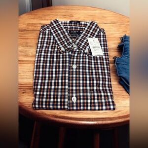 J.Crew Slim Flex Washed Orange and Navy Plaid Button Down Mens S NWT